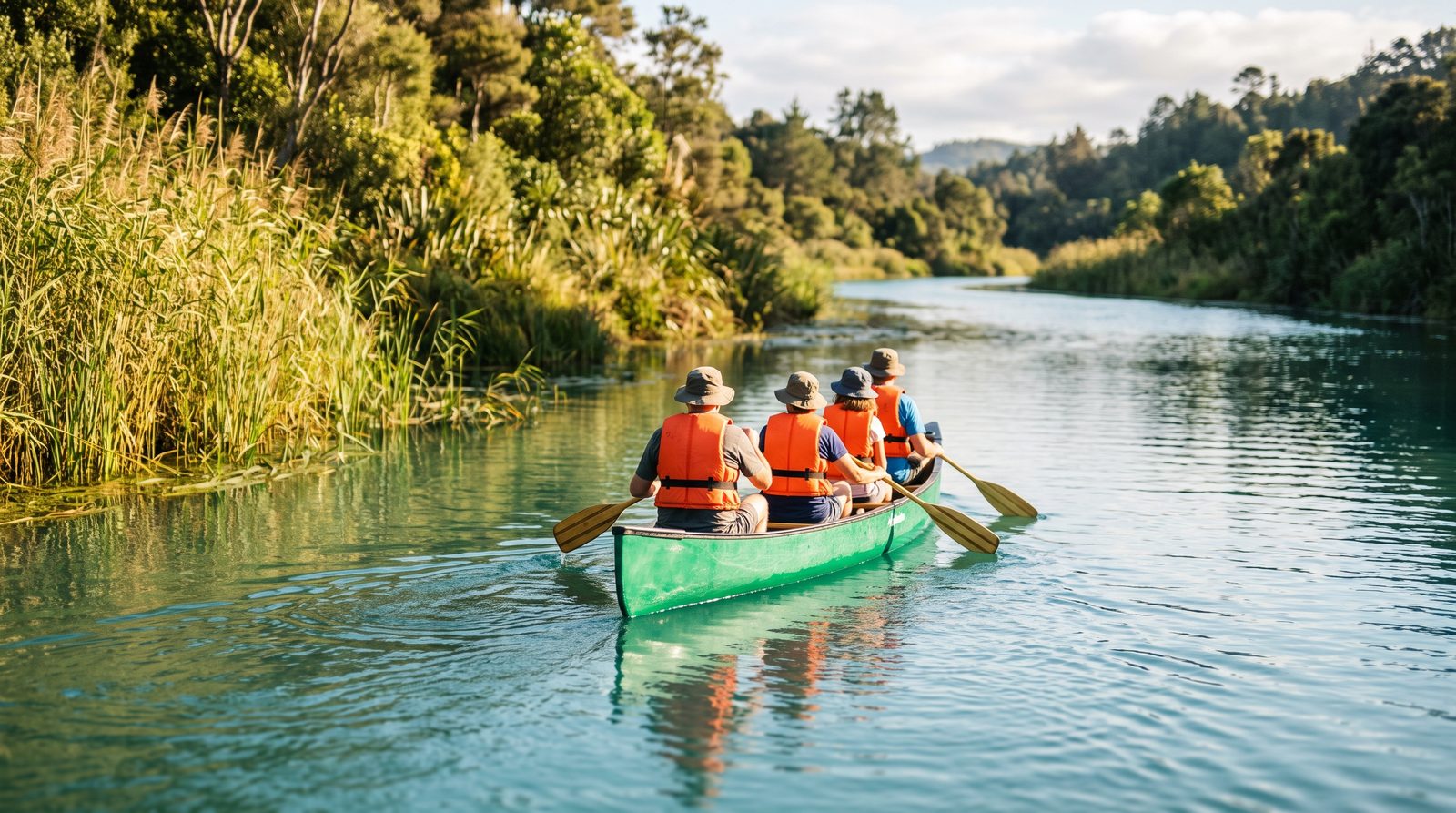 Canoa verde con cuatro ocupantes remando despacio en un río tranquilo, vistos desde atrás